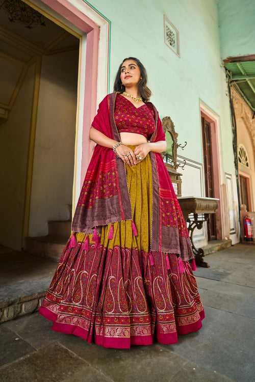 Mustard Tussar Silk Lehenga Choli with Stunning Kashmiri Foil Print - Perfect for Weddings & Festivals