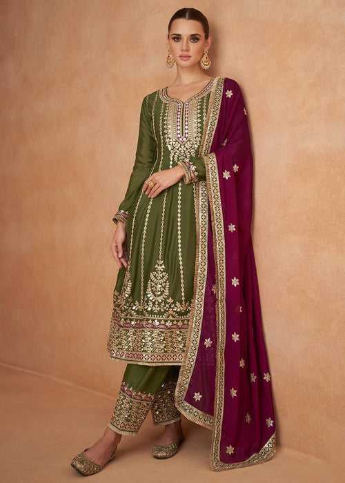 Olive Green Embroidered Chinon Suit Set with Dupatta