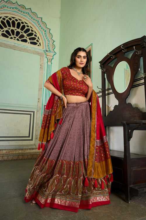 Onion Tussar Silk Lehenga Choli with Stunning Kashmiri Foil Print - Perfect for Weddings & Festivals