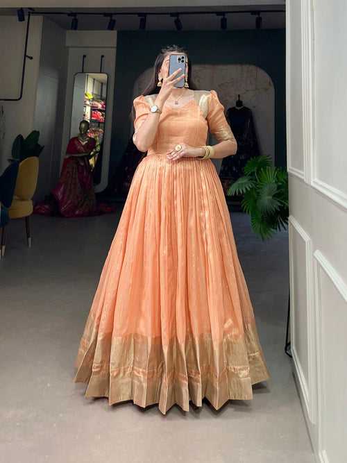Orange Handwoven Khadi Organza Gown with Exquisite Zari Detailing
