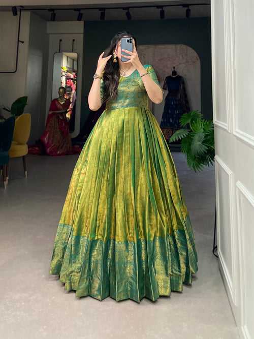 Luxurious Parrot Green Kanjivaram Silk Gown with Zari Work