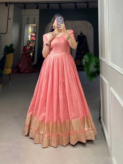 Peach Handwoven Khadi Organza Gown with Exquisite Zari Detailing