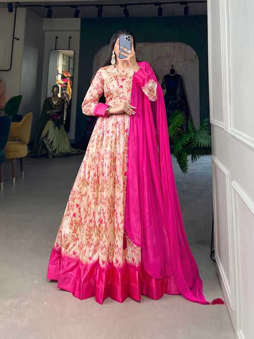 Pink Tussar Silk Printed Gown with Foil Detailing & Chiffon Dupatta