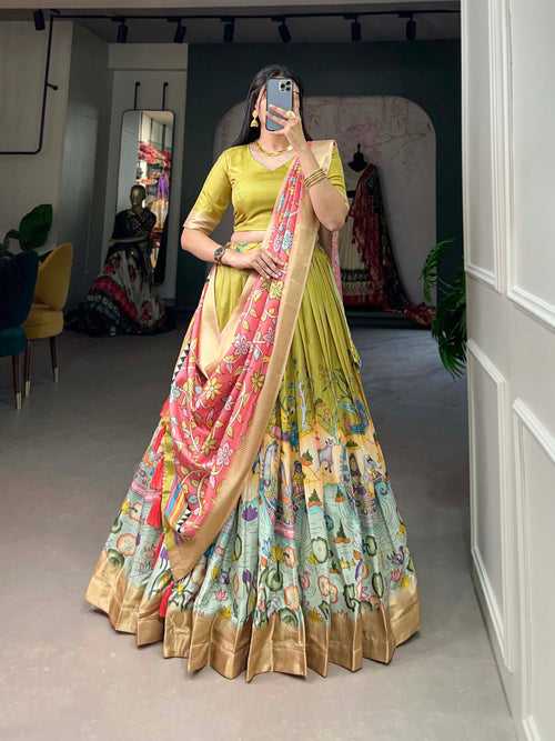 Alluring Pista Green Dola Silk Lehenga Choli with Enchanting Kalamkari Prints