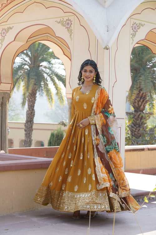 Premium Mustard Designer Readymade Faux Georgette Gown with Zari & Sequin Embroidery, V-Neck, Full Sleeves & Dupatta
