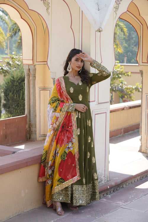 Premium Olive Green Designer Readymade Faux Georgette Gown with Zari & Sequin Embroidery, V-Neck, Full Sleeves & Dupatta