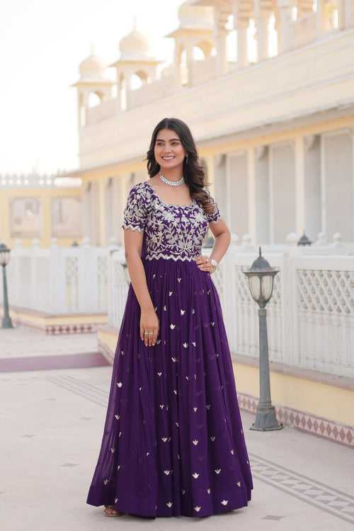 Purple Faux Blooming Sequin Ready to Wear Embroidered Gown