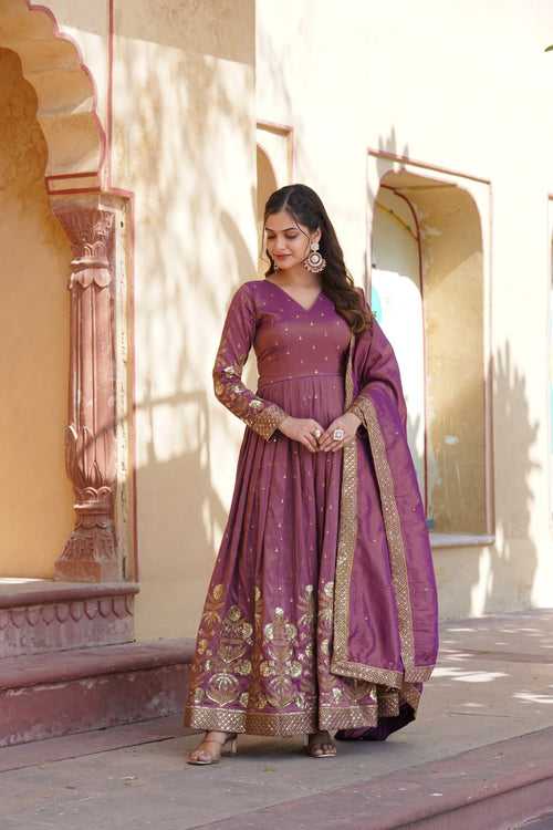 Luxurious Purple Viscose Cosmos Gown with Embroidered Dupatta Set