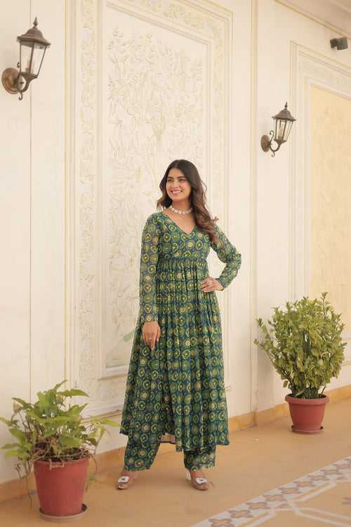 Rama Green Faux Georgette Foil Print Readymade Top with Pant Set