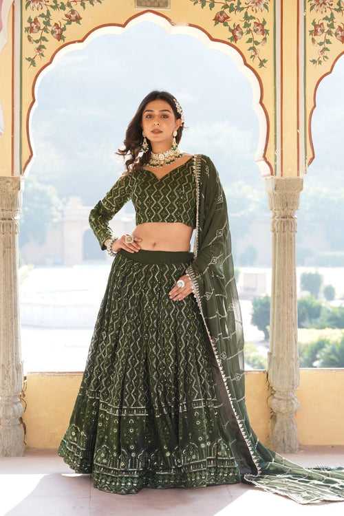 Shimmering Rama Green Faux Georgette Lehenga Choli with Sequins & Thread Work