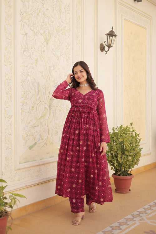 Rani Pink Faux Georgette Foil Print Readymade Top with Pant Set