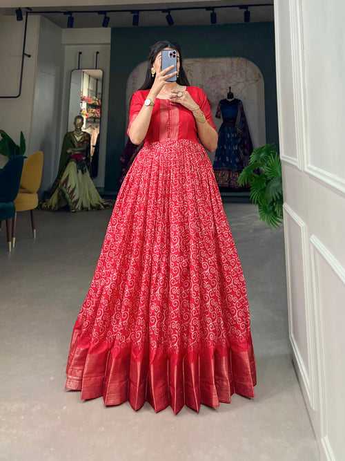 Red Dola Silk Printed Gown - Embrace Elegance and Comfort