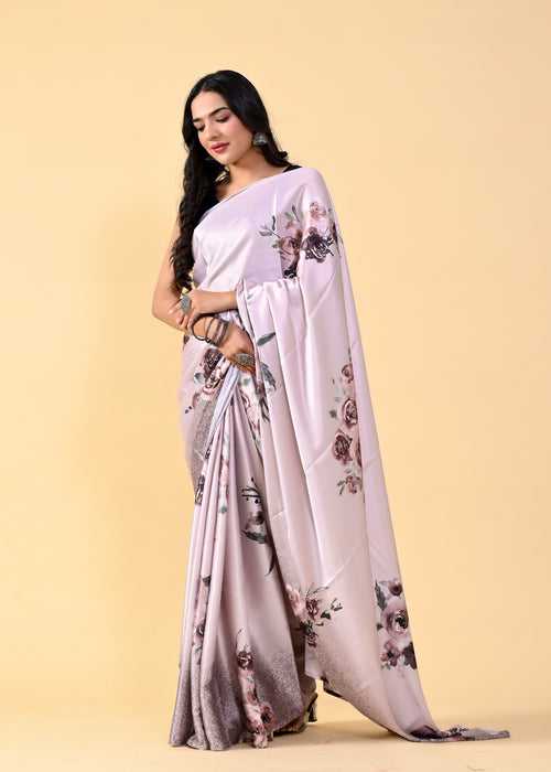 Rose Gold Floral Digital Printed Heavy Satin Silk Saree with Silk Blouse