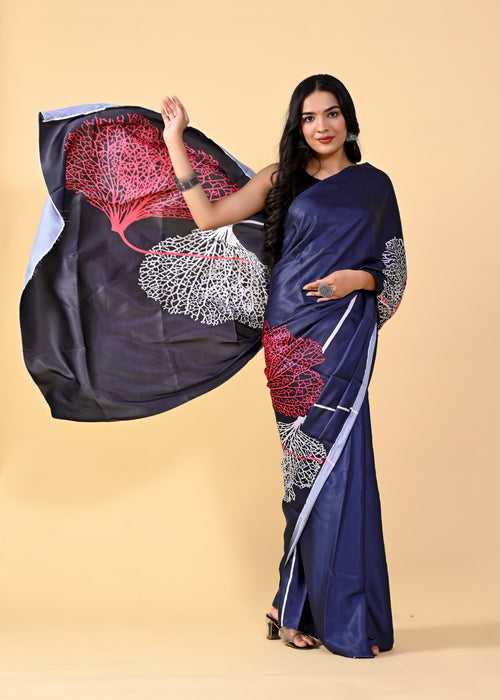 Royal Blue Floral Digital Printed Heavy Satin Silk Saree with Silk Blouse