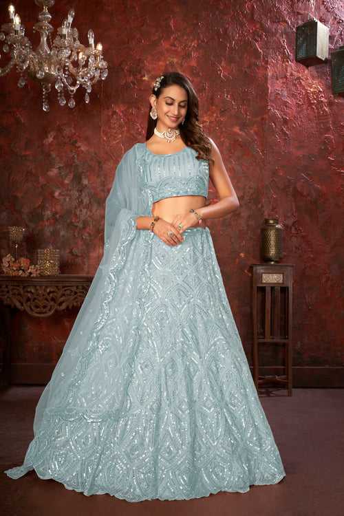 Sky Blue Sequin Embroidered Lehenga Choli Set - Regal Elegance - Designer Wear