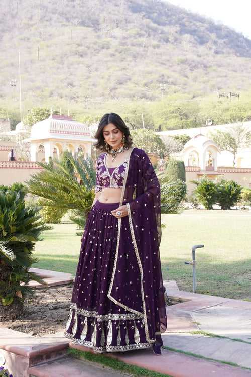 Wine Designer Faux Blooming Lehenga Choli with Shimmering Sequins & Lace