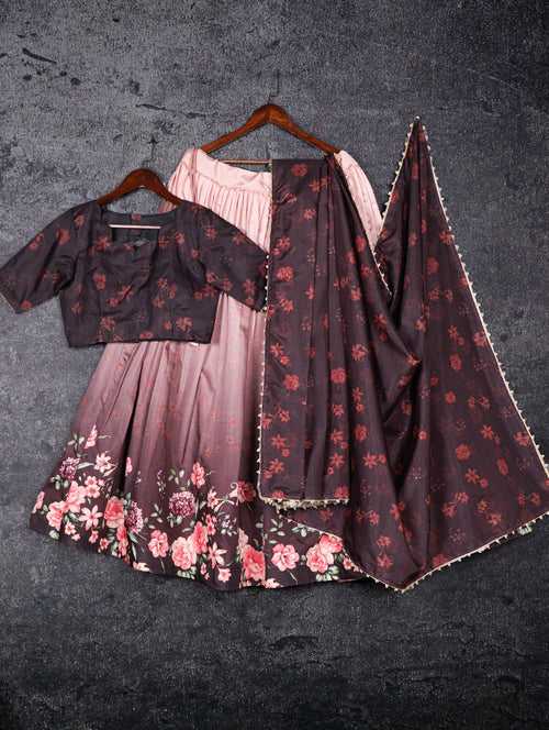 Wine Tussar Silk Floral Lehenga Choli Set