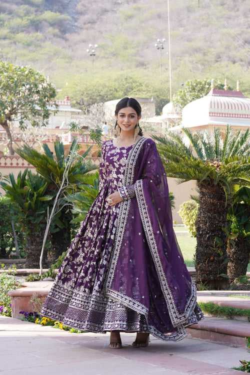 Luxe Wine Viscose Jacquard Gown with Sequin Embroidery & Russian Silk Dupatta