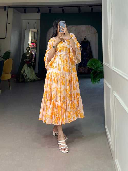 Yellow Flowy Georgette Floral Print Frock for Women