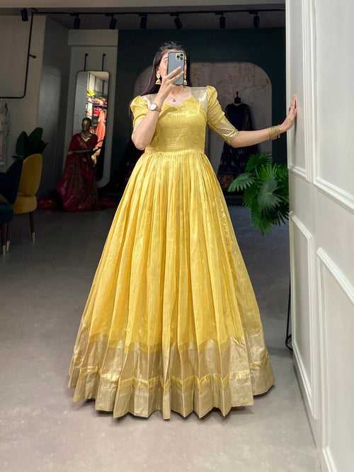 Yellow Handwoven Khadi Organza Gown with Exquisite Zari Detailing