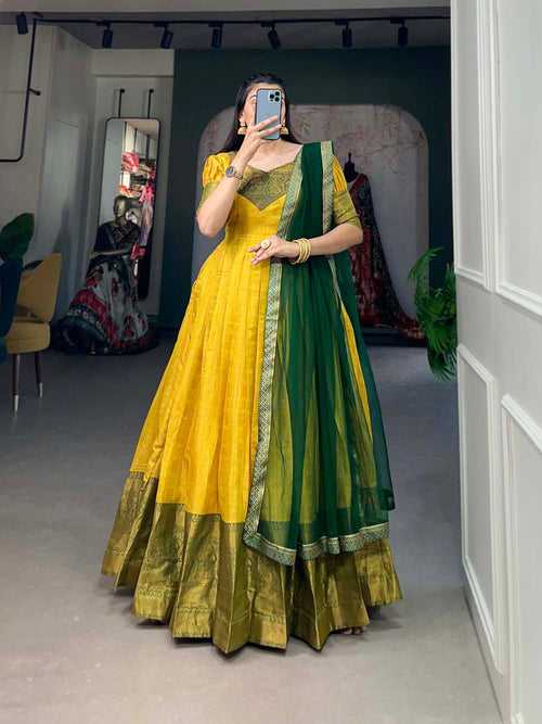 Regal Yellow Zari Woven Kanjivaram Gown with Net Dupatta