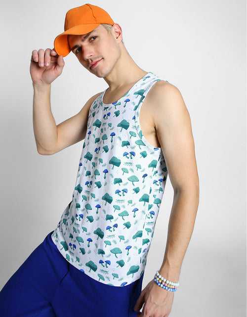 White & Blue Mushroom Printed Gym Vest