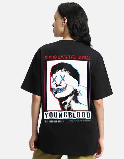 YOUNG BLOOD Women Printed Black Oversized Back Graphic Printed Tshirt