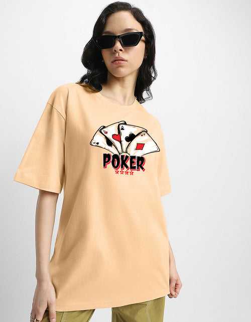 POKER Women Printed Beige Oversized Front Graphic Printed Tshirt