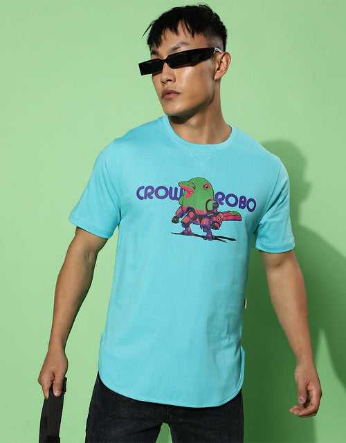 Crow Robo Blue High Low Regular Fit Chest Graphic Printed Tshirt