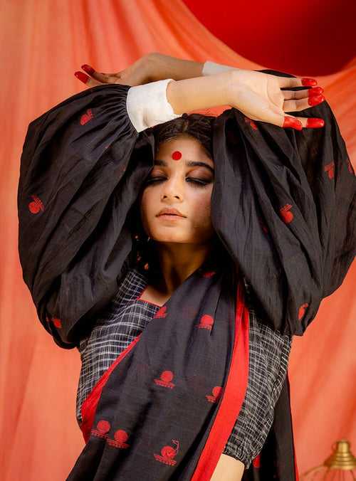 Set-Jamdani balloon sleeves blouse with jamdani bindi saree