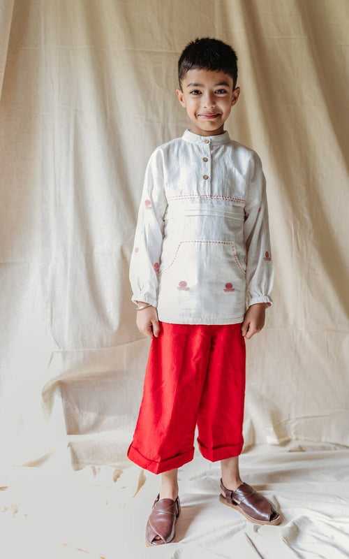 Shvet Kids- Jamdani white shirt and red pants set