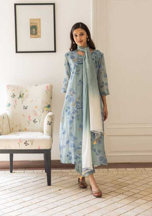 Powder Blue Floral Kurta Set