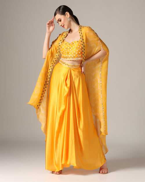 Yellow Chamoise Satin & Raw Silk Draped Skirt Set