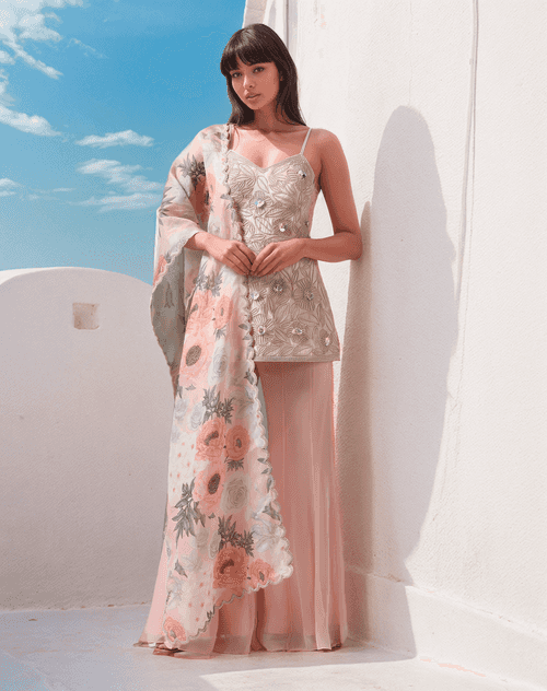 Pink Raw Silk Embroidered Strappy Kurta Set