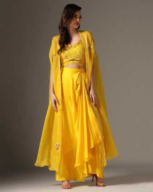 Yellow Raw Silk & Organza Draped Skirt Set