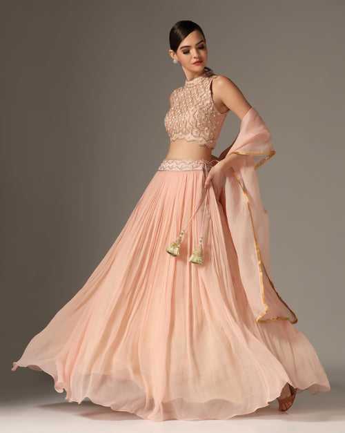 Pink Organza & Raw Silk Embroidered Lehenga Set