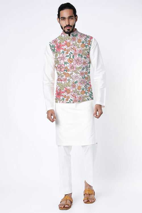 Printed Raw Silk Nehru Jacket