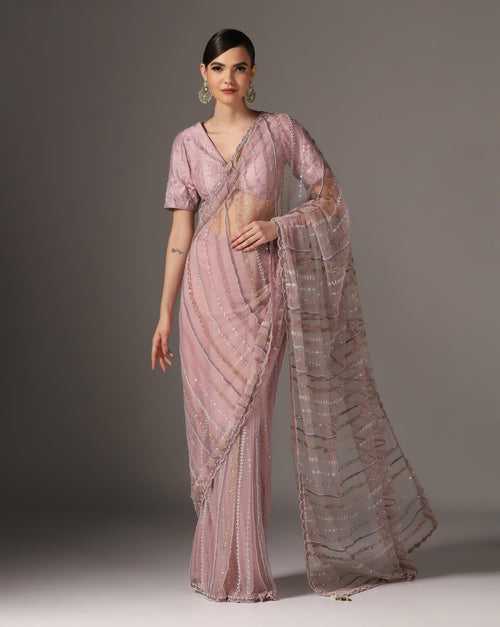 Lilac Net Embroidered Saree Set