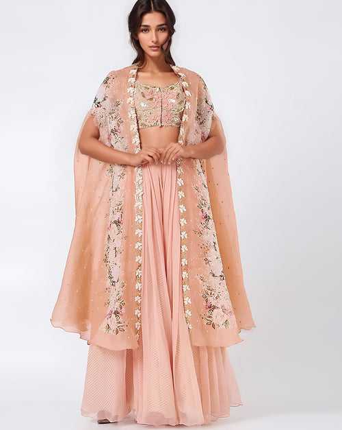 Peach Organza Printed Cape Set