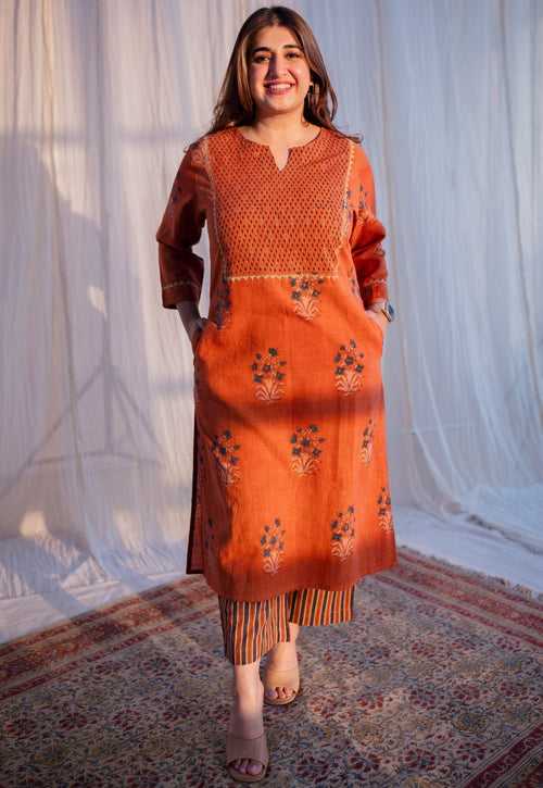 Gauher Ajrakh Slub Cotton Hand Embroidered Kurta