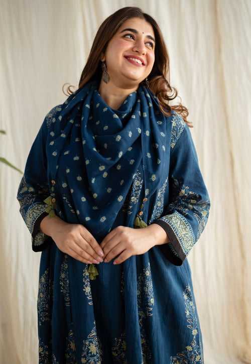 Indigo Ajrakh  Lotus Butti Mul Scarf