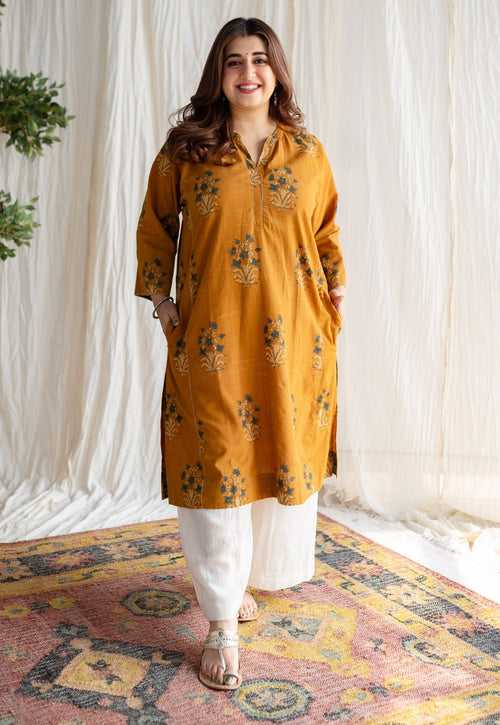 Sabira Ajrakh Slub Cotton Hand Embroidered Jhabba Kali Kurta