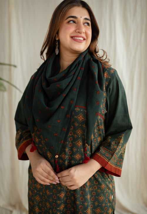 Green Ajrakh Red Lotus Butti Mul Scarf