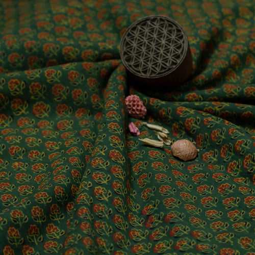 Green Flower Ajrakh Cotton Fabric