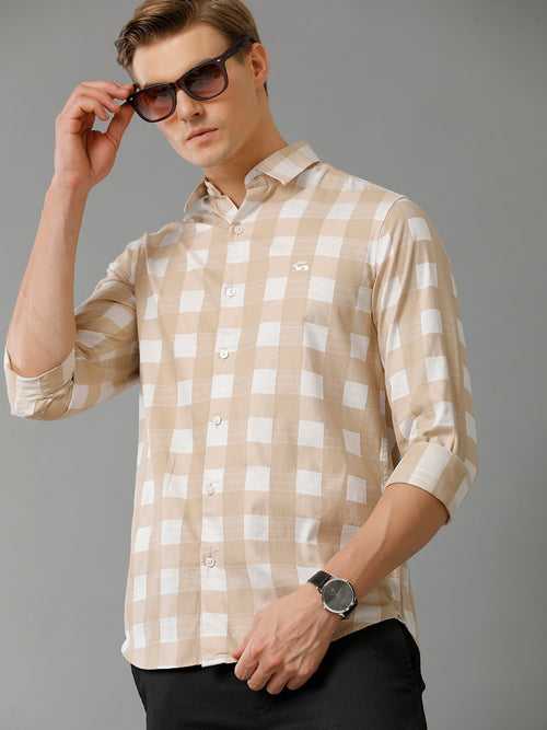 Men Beige Checked Slim Fit Giza Cotton Casual Shirt