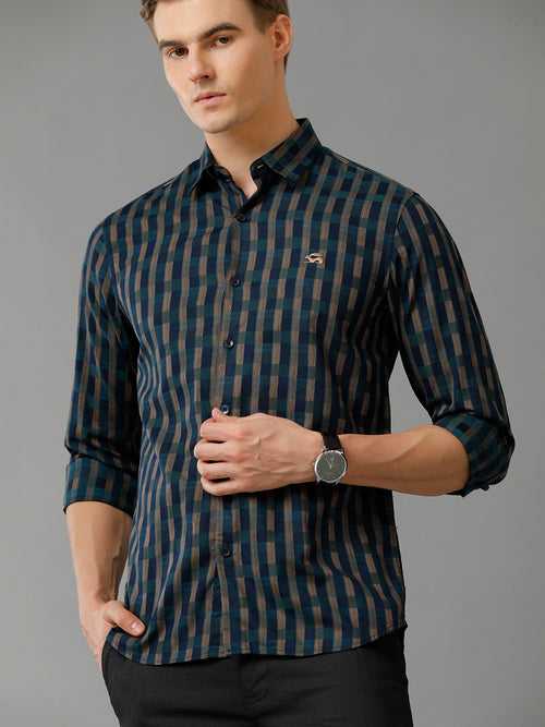 Men Teal Checked Slim Fit Giza Cotton Casual Shirt