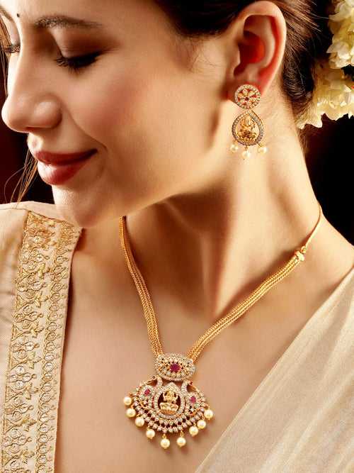 Rubans 22K Gold-Plated Kemp & Zirconia Crystal Studded Pearl Beaded Handcrafted Necklace Set