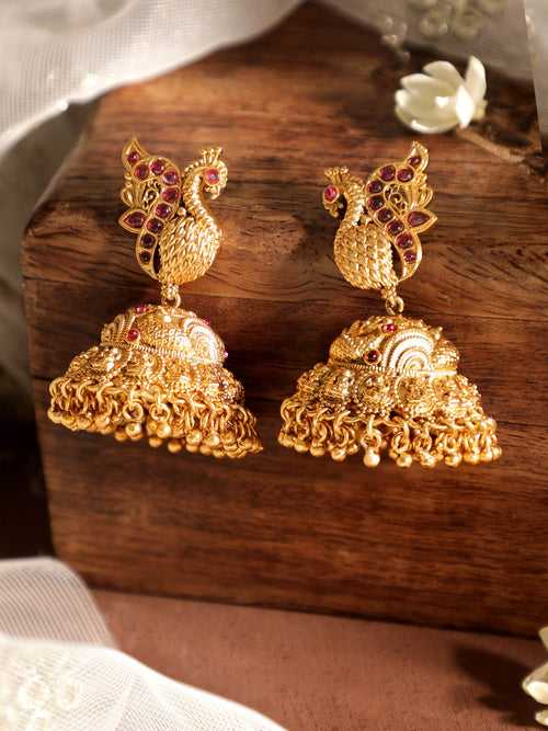 Rubans Celestial Plumage 22k Gold plated Jhumka Earrings with Peacock Charm