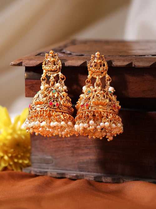 Rubans Gold Plated Divine Lakshmi With Red And Green Stone White Pearls Jhumka Earrings.
