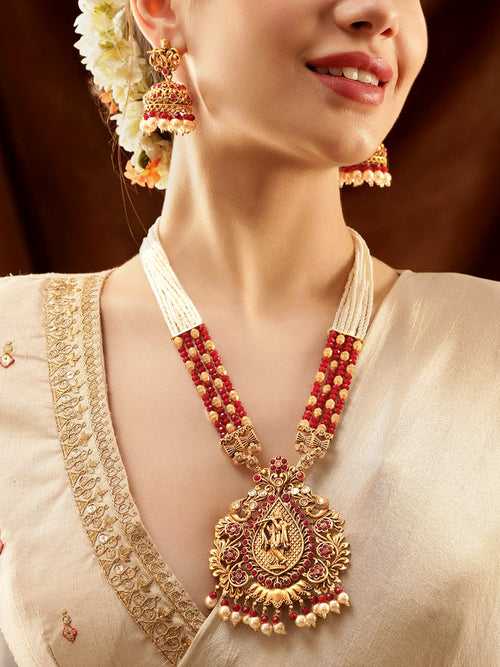 Rubans Gold-Toned Lord Krishna Temple Jewellery with White and Red Beads Chain